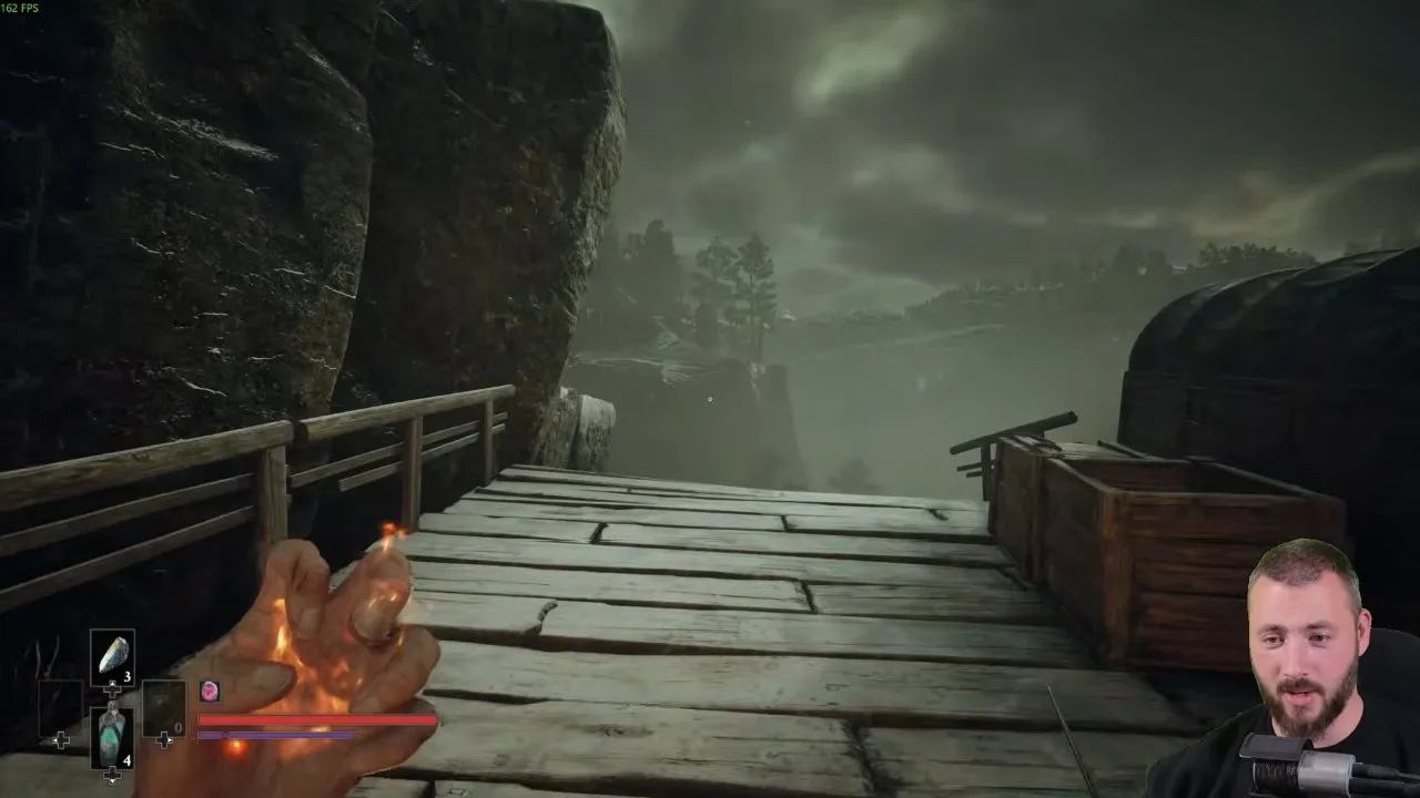 Valor Mortis Eternal Guard opening-area return along a wooden walkway beside the cliffs