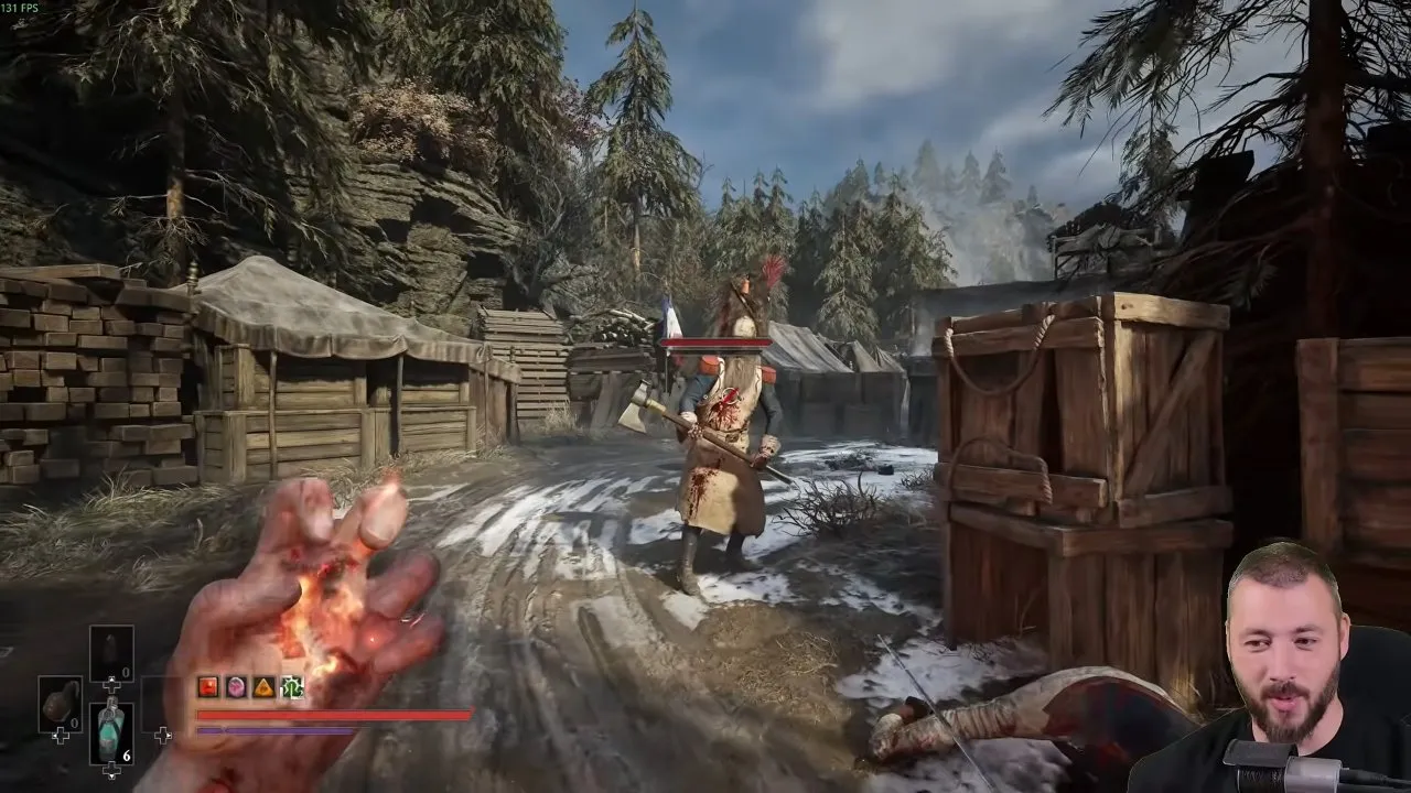 Valor Mortis parry attempted early while an axe-wielding enemy prepares a swing beside crates