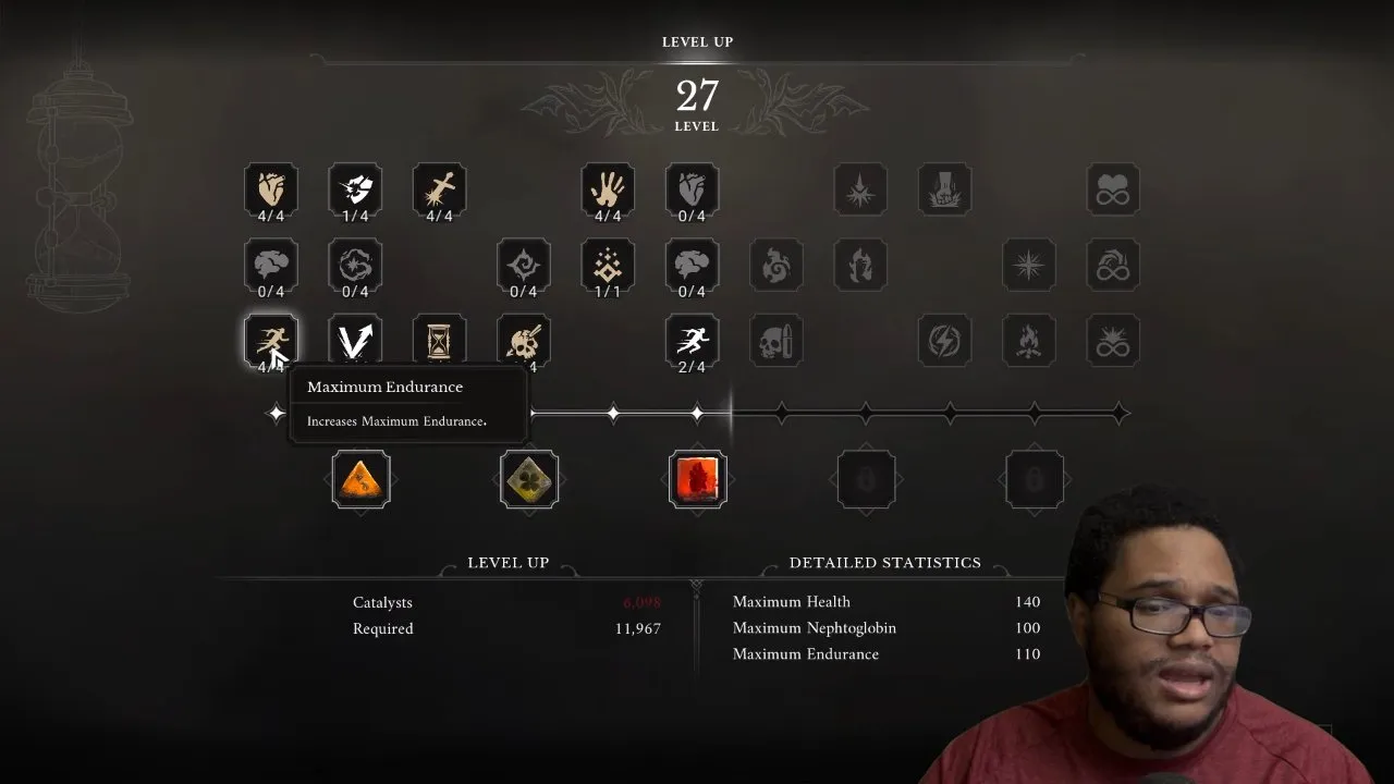 Valor Mortis skill tree Maximum Endurance node selected in the lower row