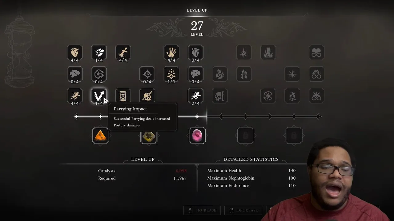 Valor Mortis skill tree Parrying Impact tooltip showing increased Posture damage on successful parries