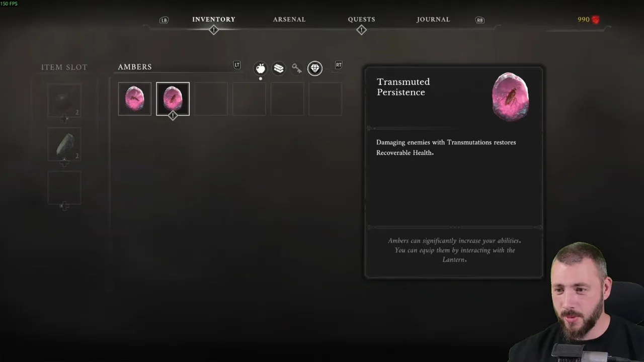 Valor Mortis skill tree Transmuted Persistence Amber description in the Inventory Ambers tab